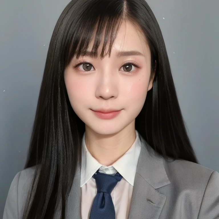 (kawaii 24 year-old Japanese girl, Nogizaka idol, Korean idol), (glossy black hair, up hair, bangs:1.3), (deep black eyes, rounded face, single eyelid, no makeup, soft smiling:1.2), (wearing dark blue suit jacket, collared shirt, necktie:1.3), (extra small breasts:0.9), (facing straight at camera:1.2), BREAK, (simple grey background, yearbook background:1.3), (id photo, bust shot, view from straight forward:1.3), BREAK, (masterpiece, best quality, photo realistic, official art:1.4), (UHD, 8K quality wallpaper, high resolution, raw photo, golden ratio:1.3), (shiny skin), professional lighting, physically based rendering, award winning, (highly detailed skin, extremely detailed face and eyes), Carl Zeiss 85 mm F/1.4, depth of field, 1girl, solo,