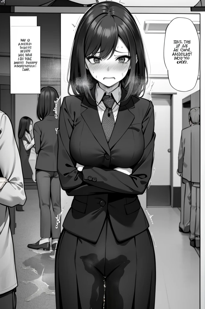 A woman with long black hair, wearing a business outfit consisting of a suit, pencil skirt:, and pantyhose, stands in a monochrome setting. The artwork is inspired by manga and incorporates a doujin style. The woman appears to be (wetting herself:1.5), which causes her to feel embarrassed and humiliated, resulting in a blush on her face. In addition, there is an air of anger in her expression. The lighting in the scene is moody, with a spotlight highlighting the woman's figure. She is crossing her arms, (arms crossed:1.75), fully showcasing her skirt., medium breasts