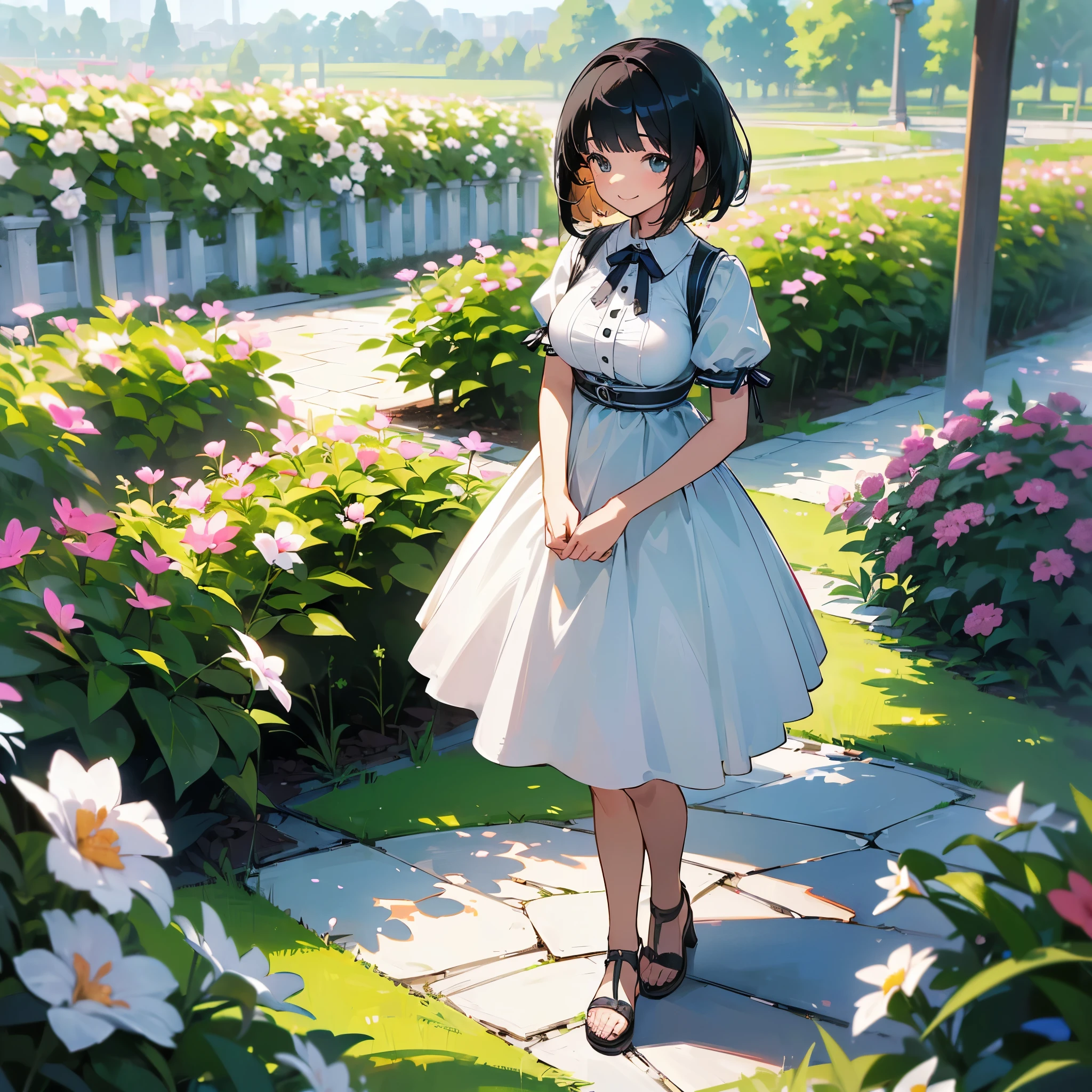 (high quality, High resolution, Very detailed, reality:1.37), Peaceful atmosphere, (Outdoor, garden), girl standing alone, (my breasts are big.), Beautiful details, Cute Smile, (Black bob hair), White short-sleeved dress, Sandals.