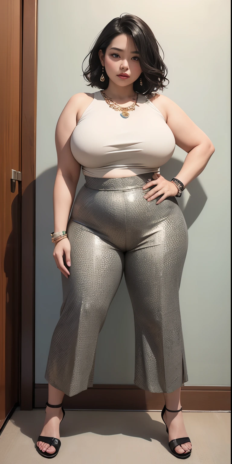 Indonesian woman, thick body, cold atmosphere , thick cheeks , full body , random pose, wavy short hair , thick hips, 40 years old , slightly fat arms , slightly fat belly , thick thighs pants, wearing bracelet ,wearing huge diamond necklace , watch , hena art on her skin,