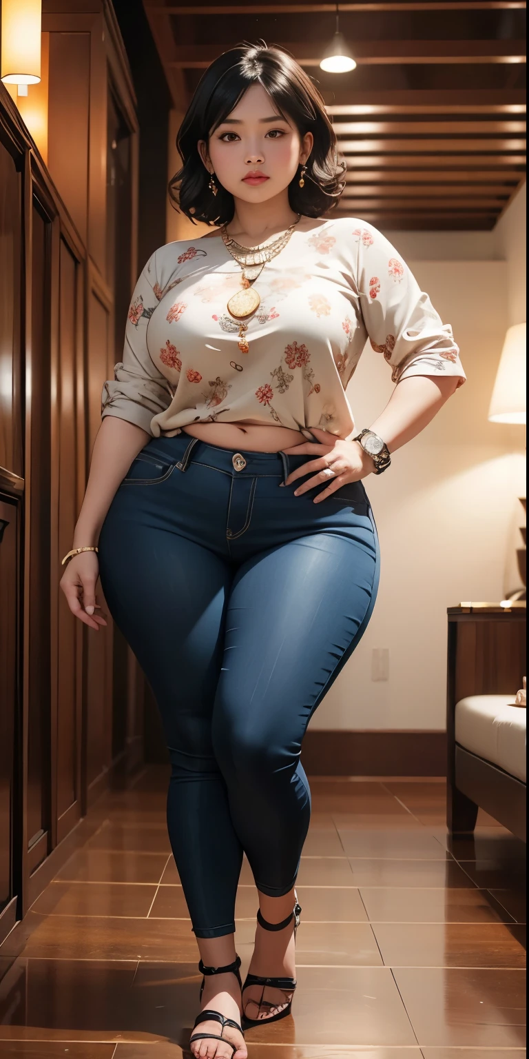 Indonesian woman, thick body, cold atmosphere , thick cheeks , full body , random pose, wavy short hair , thick hips, 40 years old , slightly fat arms , slightly fat belly , thick thighs pants, wearing bracelet ,wearing huge diamond necklace , watch , hena art on her skin,