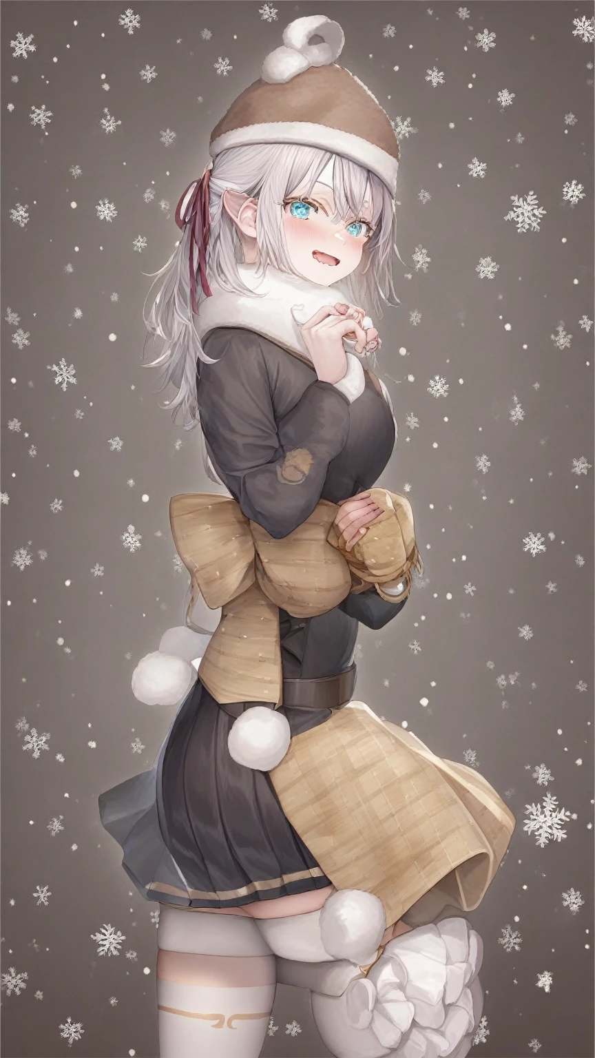 1 chica, Alisa Mikhailovna kujou,tokidoki bosotto roshia-go de dereru tonari no arya-san,solo, pelo largo, eyebrows visible through hair, pelo entre los ojos, cabello plateado, Cinta para el pelo, blue eyes, pechos medianos, ,calzas blancas,zettai ryouiki, mangas largas, chaqueta,
de un lado, plano general, looking back, feliz, Geezer, boca abierta,
mejor calidad, muy estetico, absurdos