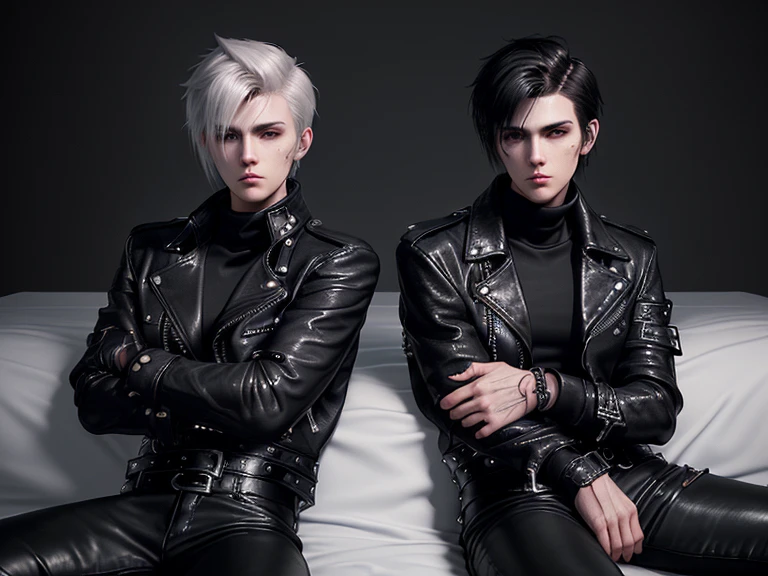 Final Fantasy-style graphics, young, Cute and cool two Japanese boys,borth Thin eyebrows and big eyes,   both wearing a shiny white single-breasted leather jacket.......。Biker style leather jacket、 with epaulettes,  The jacket is zipped up, The jacket pockets are black., The jacket has a high stand-up collar with a belt, Also wearing a black turtleneck, Black Leather Pants, Thin black leather gloves on both hands, Black leather knee-high lace-up boots, Show me your ((whole body)) from head to toe, Final Fantasy Style、((good looking))、((Age: 20 years old))、((good looking))、((Clear eyes and nose))、((Shiny white color single leather jacket))、((The jacket must be white color.))、((The jacket has epaulettes))、((Jacket has a high stand-up collar and belt))、((The jacket has a black pocket))、((Black turtleneck shirt))、((Black Leather Pants))、((Always wear shiny black leather gloves on both hands))、((Cover all fingers on both hands with gloves))、((Black lace-up leather long boots))、((View full-body images from a distance))、Realistic image quality and texture、In a small cell、((close the eyes))、A kind smile、((The front of the jacket is closed with a zipper))、((No skin below the neck))、((round face)、((Short Hairstyleedium build))、((Upright posture))、((don't sit))、((borh sleeping with bed))、((he handcuffed both hands))