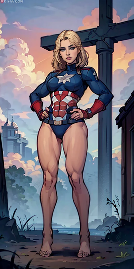 full body woman dressed in a bikini with the uniform of Captain America standing straight symmetrical, looking at viewer, hands on hips, blonde, blue eyes, view from below, far shot, feet together but not crossing together