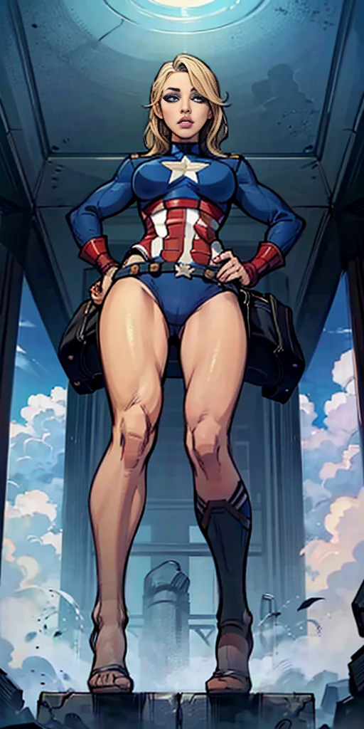 full body woman dressed in a bikini with the uniform of Captain America standing straight symmetrical, looking at viewer, hands on hips, blonde, blue eyes, view from below, far shot, feet together but not crossing together