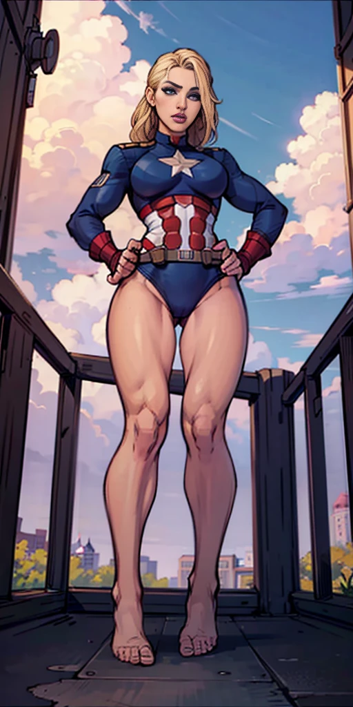 full body woman dressed in a bikini with the uniform of Captain America standing straight symmetrical, looking at viewer, hands on hips, blonde, blue eyes, view from below, far shot, feet together but not crossing together