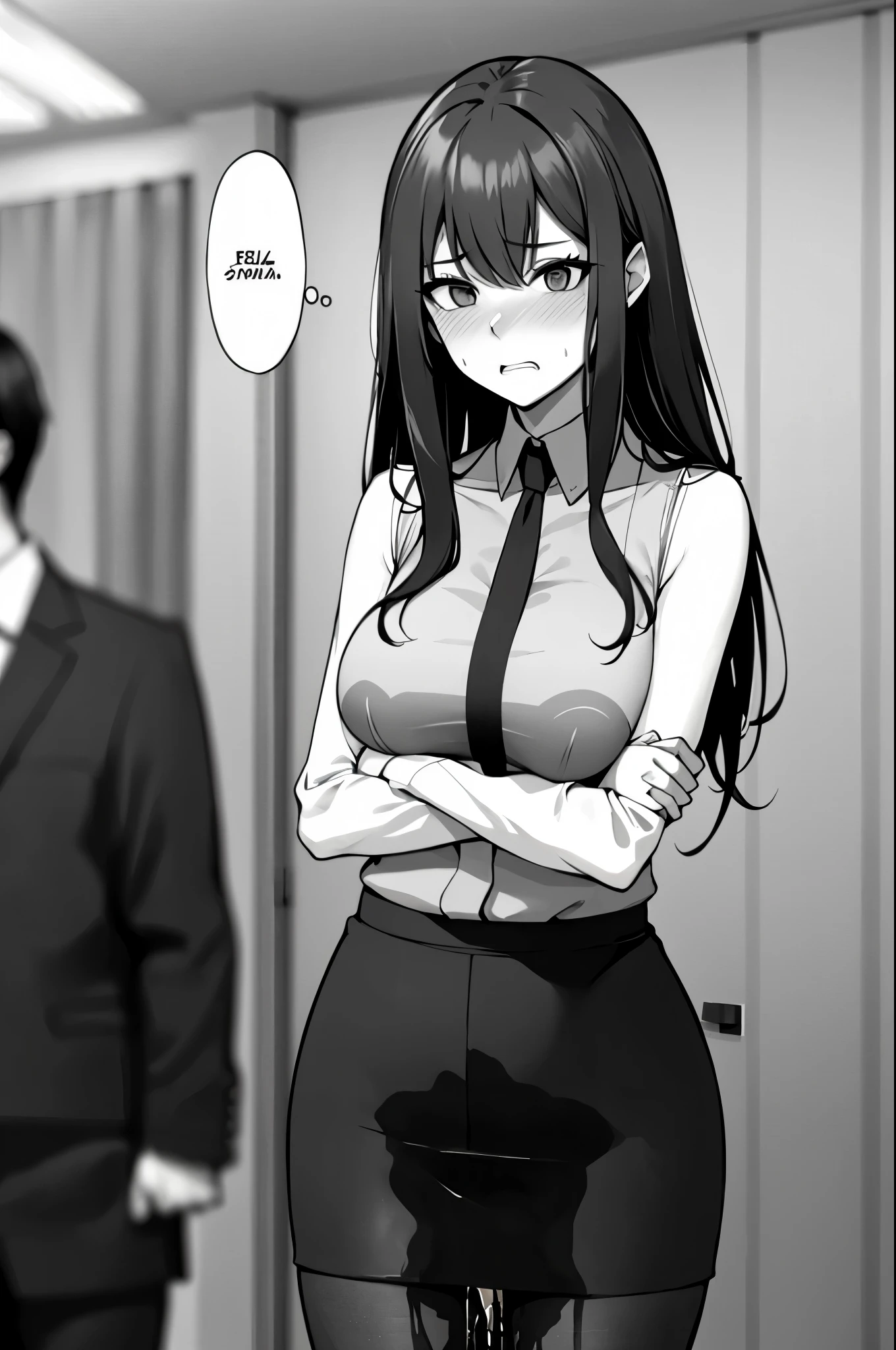A woman with long black hair, wearing a business outfit consisting of a suit, (pencil skirt:1.25), and pantyhose, stands in a monochrome setting. The artwork is inspired by manga and incorporates a doujin style. The woman appears to be (wetting herself:1.5), which causes her to feel embarrassed and humiliated, resulting in a blush on her face. In addition, there is an air of anger in her expression. The lighting in the scene is moody, with a spotlight highlighting the woman's figure. She is crossing her arms, (arms crossed:1.75), fully showcasing her skirt., medium breasts