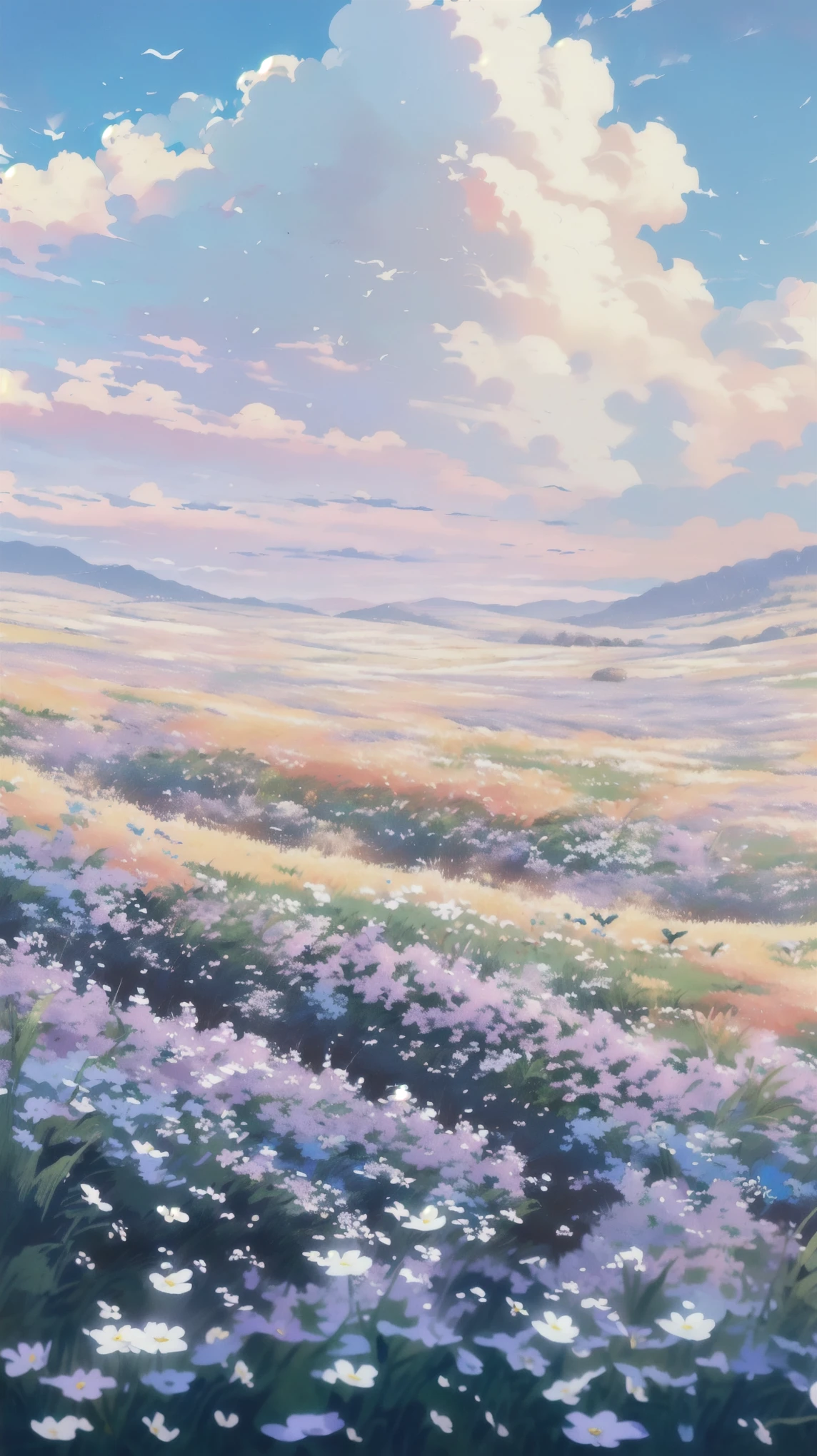 空を背景にしたblue flower fieldの絵, blue flower field, by Fumito Ueda, by Kentaro Miura, by Yamagata Hiro, by Junsaku Koizumi, by Yoshihiko Wada, Kazuo Oga, by Miwa Komatsu, Pastures, Soft images with great attention to detail, Pasture, Studio Greeble Makoto Shinkai，bird