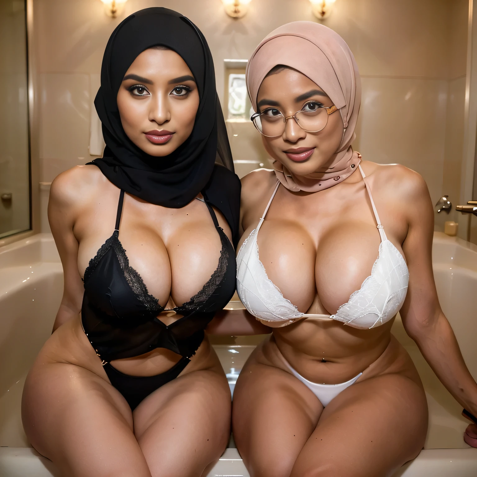 (portrait), In an empty toilet, two sexually attractive hourglass figure depraved (hijabi) (Muslim) MILF sit side by side on a bath tub, radiating lust and sexual desirer. They share the same height and body proportions, creating a visually stunning image of unity and strength.
Both ladies wear (lace hijabs), beautifully wrapped around their heads, framing their faces and accentuating their sensuality.
Complementing their (hijabs), both ladies wear (stockings) (daring string bikinis) that add a subtle hint of allure to their ensemble. The stockings enhance their sensual and lust-satisfying posture, further highlighting their hourglass figures.
Their makeup is flawlessly applied, with striking red lips, voluminous mascara, captivating eye shadow, precise eyeliner, and luxurious lashes. These elements enhance their already mesmerizing features, drawing attention to their expressive eyes.
As they sit close to each other on a bath tub, they exude a sense of unity and sisterhood. Their presence showcases the beauty and strength of hijabi Muslim women, empowering others to embrace their identities and celebrate their unique beauty.
both is looking at viewer, skin texture, ultra high res, RAW, instagram LUT, masterpiece, best quality, ultra-detailed, ultra high resolution, RAW, 4k, (looking at viewer), extremely detailed eyes and face, ((beautiful detailed nose)), ((beautiful detailed thigh)), ((beautiful detailed eyes)), perfect body proportion, (looking at the camera), seductive face, cheerful, happy, (SFW:1.5), (glasses), empty church, perfect legs