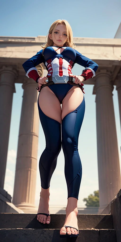 full body woman dressed in a bikini with the uniform of Captain America standing straight symmetrical, looking at viewer, hands on hips, blonde, blue eyes, view from below, far shot, feet together but not crossing together