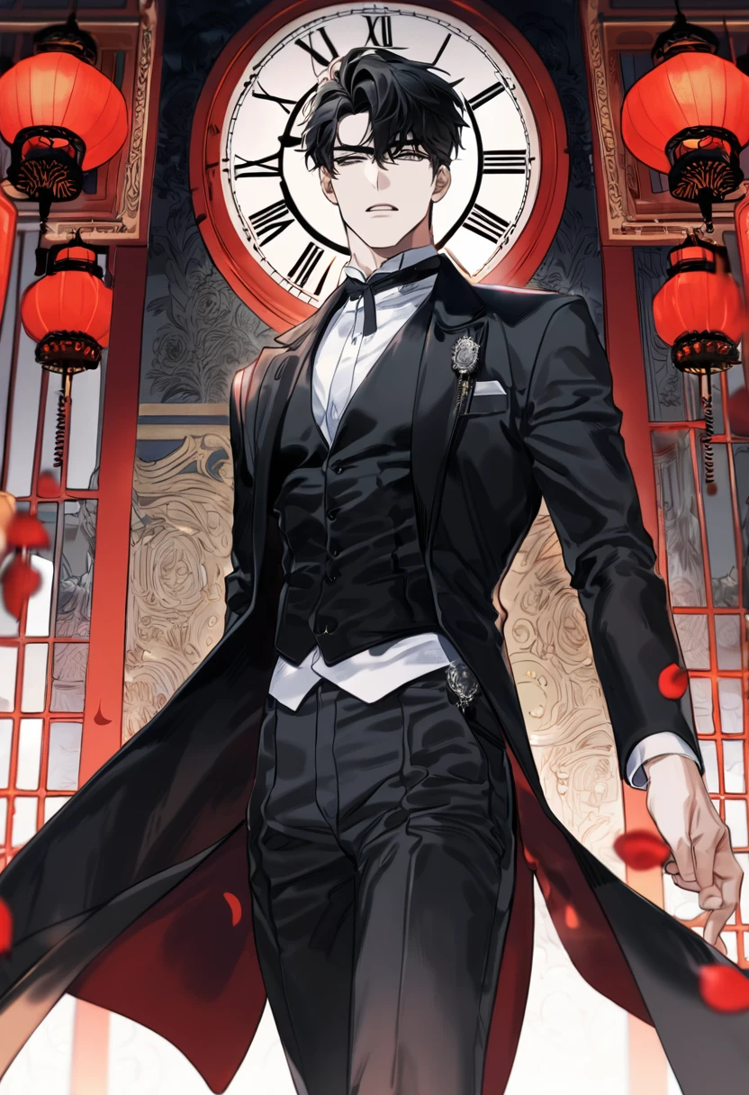 absurdres, highres, ultra detailed, HDR, master piece, best quality, Yoo Joonghyuk, black hair, expressive grey eyes, omniscient reader's viewpoint, black coat, black tight shirt, solo, sexy man, handsome, butler clothes, red roses, red petals, red lanterns, clock