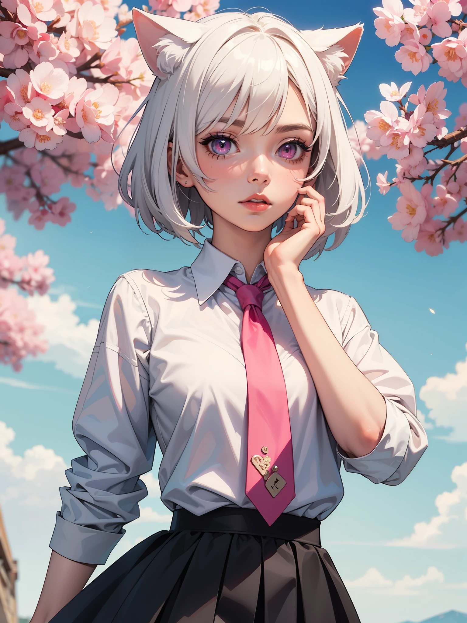 ((best quality)), ((masterpiece)), (detailed), perfect face. White hair. Short hair. Anime girl. Pink eyes. Nekomimi. White clothes. Black skirt. Pink tie. Bandage hand.