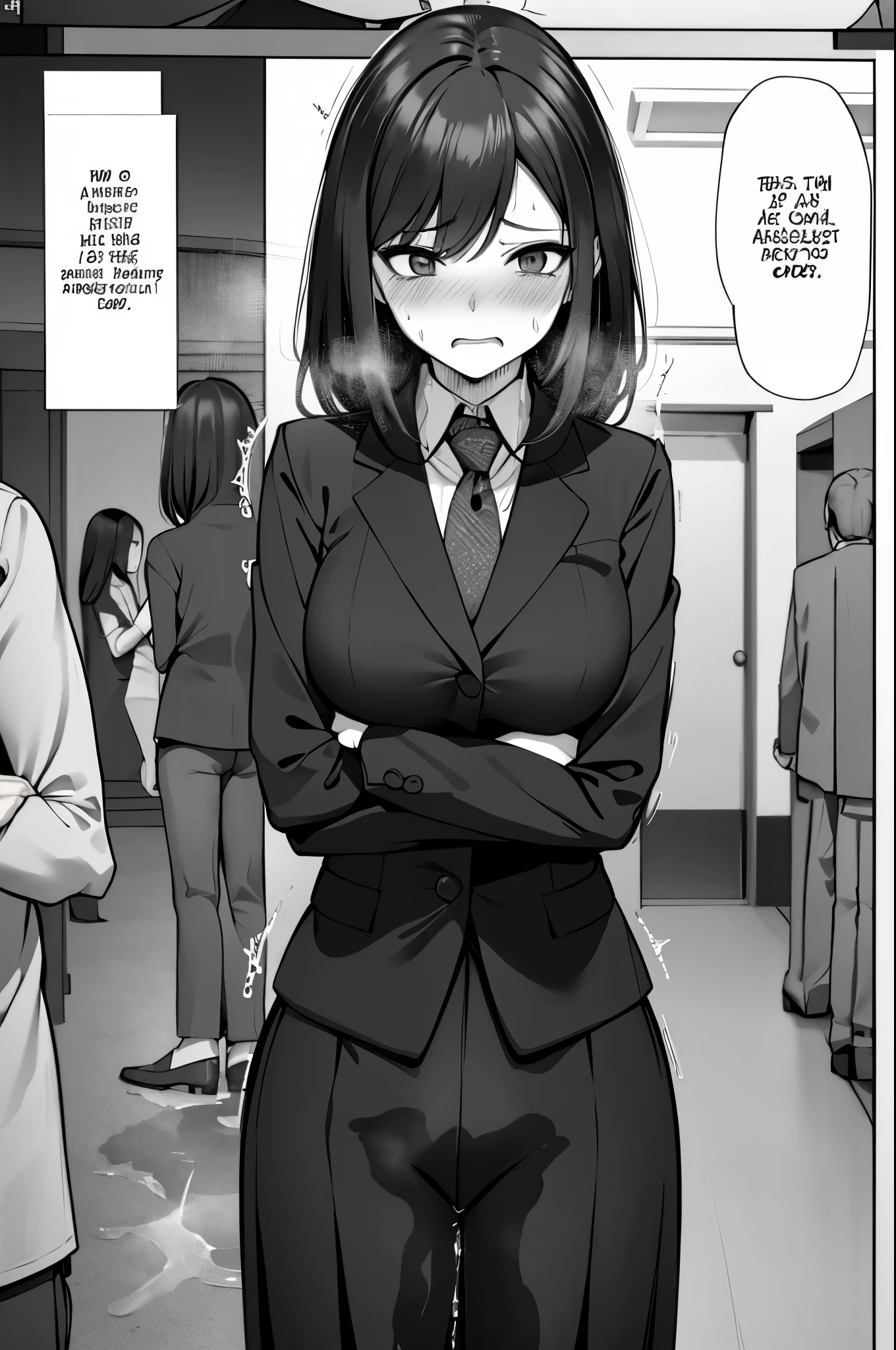 A woman with long black hair, wearing a business outfit consisting of a suit, pencil skirt:, and pantyhose, stands in a monochrome setting. The artwork is inspired by manga and incorporates a doujin style. The woman appears to be (wetting herself:1.5), which causes her to feel embarrassed and humiliated, resulting in a blush on her face. In addition, there is an air of anger in her expression. The lighting in the scene is moody, with a spotlight highlighting the woman's figure. She is crossing her arms, (arms crossed:1.75), fully showcasing her skirt., medium breasts