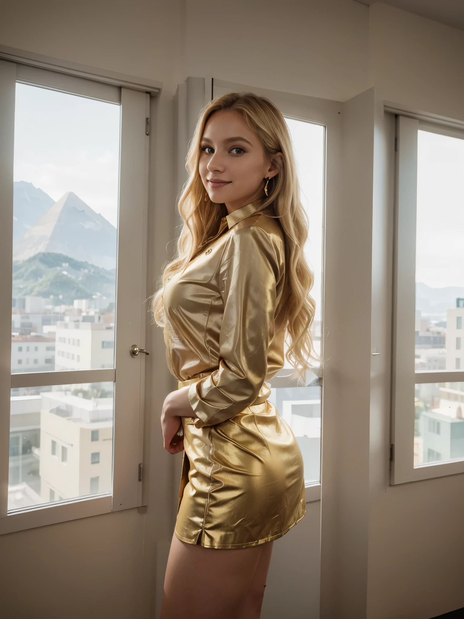 8k, RAW photo, best quality, ultra high resolution, (photorealistic), realistic photo of skinny blonde girl president, (skinny blonde girl president, 20 years old, most beautiful slavic girl in the world, slim face, blonde hair, wavy hair), in the office, modern interior, big windows, mountain view, bright light, (full body picture), (photo from the side), standing posing for formal picture, wearing black skirt, (black miniskirt), wearing golden long sleeve blouse, (golden blouse), wearing pyramin shaped earrings, (pyramid shaped earrings), looking at viewer, smiling, (extremely detailed CG unity 8k wallpaper), Sharp focus, (bright light)
