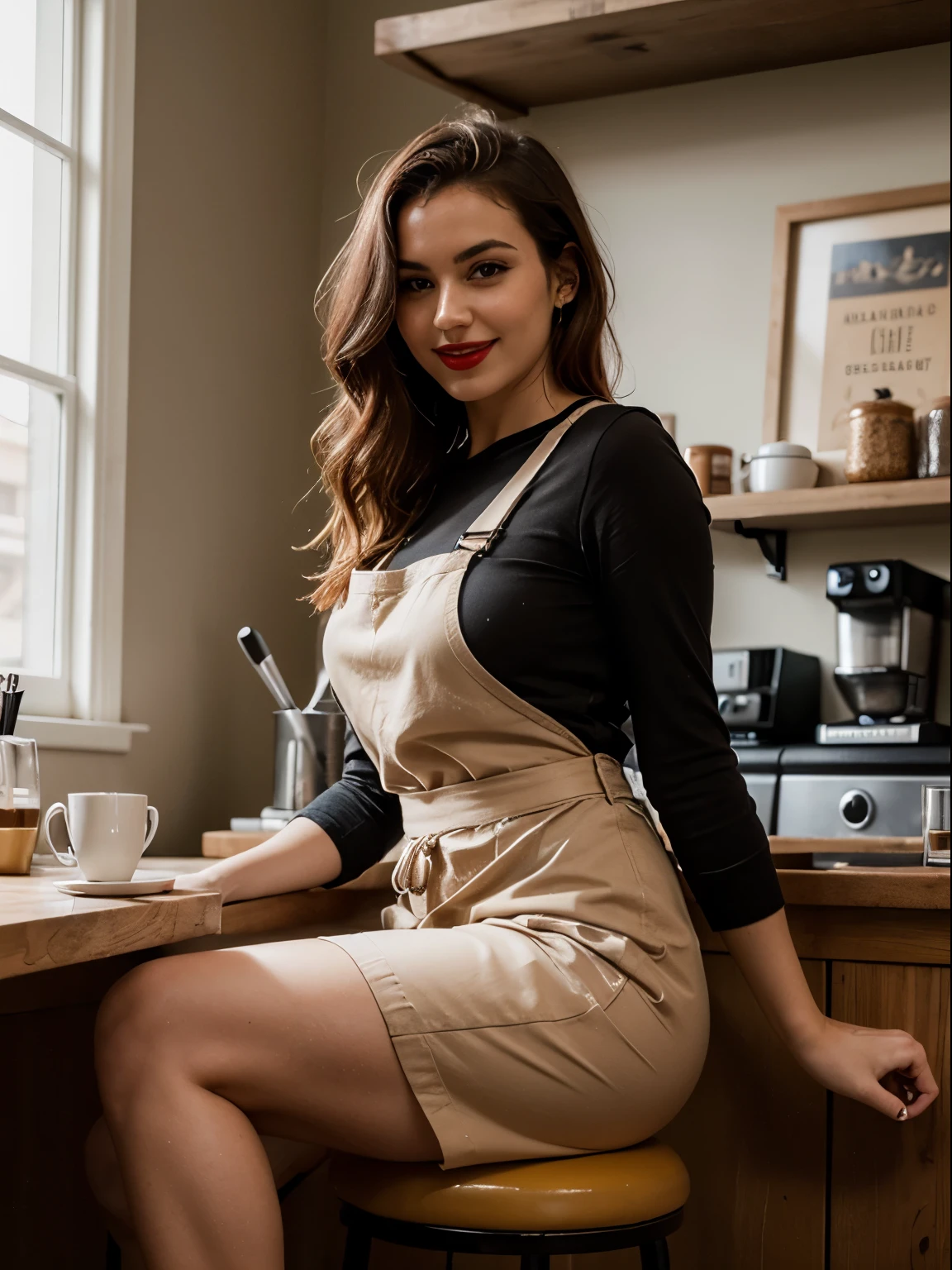 (best quality,4k,8k,highres,masterpiece:1.2),ultra-detailed,(realistic,photorealistic,photo-realistic:1.37),portraits,studio lighting,golden tones,sunlight,beautiful detailed eyes,beautiful detailed lips,sexy woman,short redhead,athletic body,huge breasts,wearing apron,showing cleavage,legs open showing crotch, sitting on stool in coffee shop,trendy red hair,red lipstick,mischievous smile,well-maintained manicure,delicate jewelry,steaming cup of coffee,coffee beans,wooden counter,espresso machine,artistic latte art,contemporary interior design,cozy atmosphere,vibrant colors,modern flair