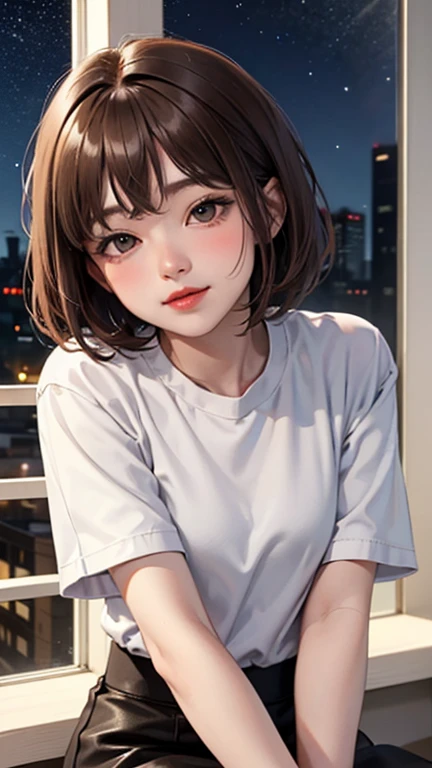 Blushing lightly and smiling, (Top quality masterpiece:1.2) Delicate illustrations, Very detailed, /Beautiful Japanese Woman、1 person,Very cute and slim、Excellent style 、((8K images、super high quality))、Very delicate face, Beautiful forehead、Deep red lipstick,(((((short hair、Gradient Hair、Light brown hair))))),Very cute Japanese cut face、Eyes and nose are clearly visible、Kind eyes,(White shirt、Tight Skirt)、starry skies、Night view、Cafe、Date