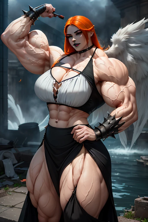 (((((Massive tall, beautiful, buff, pale white skinned muscular woman with orange hair, black lipstick, giant feathered wings, ginormous bulky muscles and wearing a black gothic blouse with a black loose skirt))))), ((close view)), (massive muscles), hyper muscle shoulders, hyper muscle triceps, (shaggy long hair), green eyes, choker, (chain belt), black boots, (spiked gauntlets), white smoke and white fog surrounding the body, (on top of a dilapidated building surrounded by water in a destroyed city), cocky smirk, night, hyper vascular arm, hyper muscles arms, hyper muscle legs, (ginormous arms).