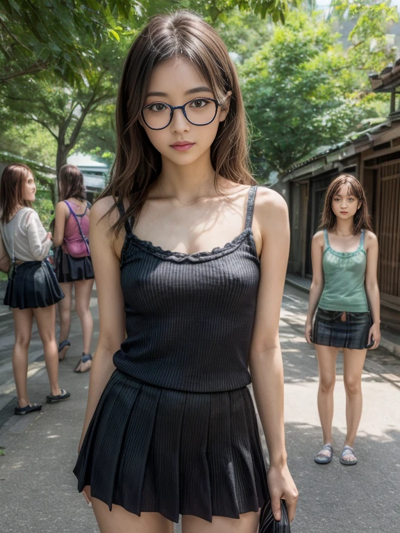 ​masterpiece、8K、32K、top-quality、(A detailed eye)、(A cute Japanese woman)、23years old、(2 girls in:1.4)、elegent、(Detailed background depiction),(pastel camisole:1.2), BREAK (miniskirt:1.3)、Japan alley、is standing、Sunlight、during daytime、(smile:1.2)、(cowboy shot),(braless:1.4),(slender body:1.5),(Black mideum wavy pixie hair over one eye:1.3),cleavage,Glasses