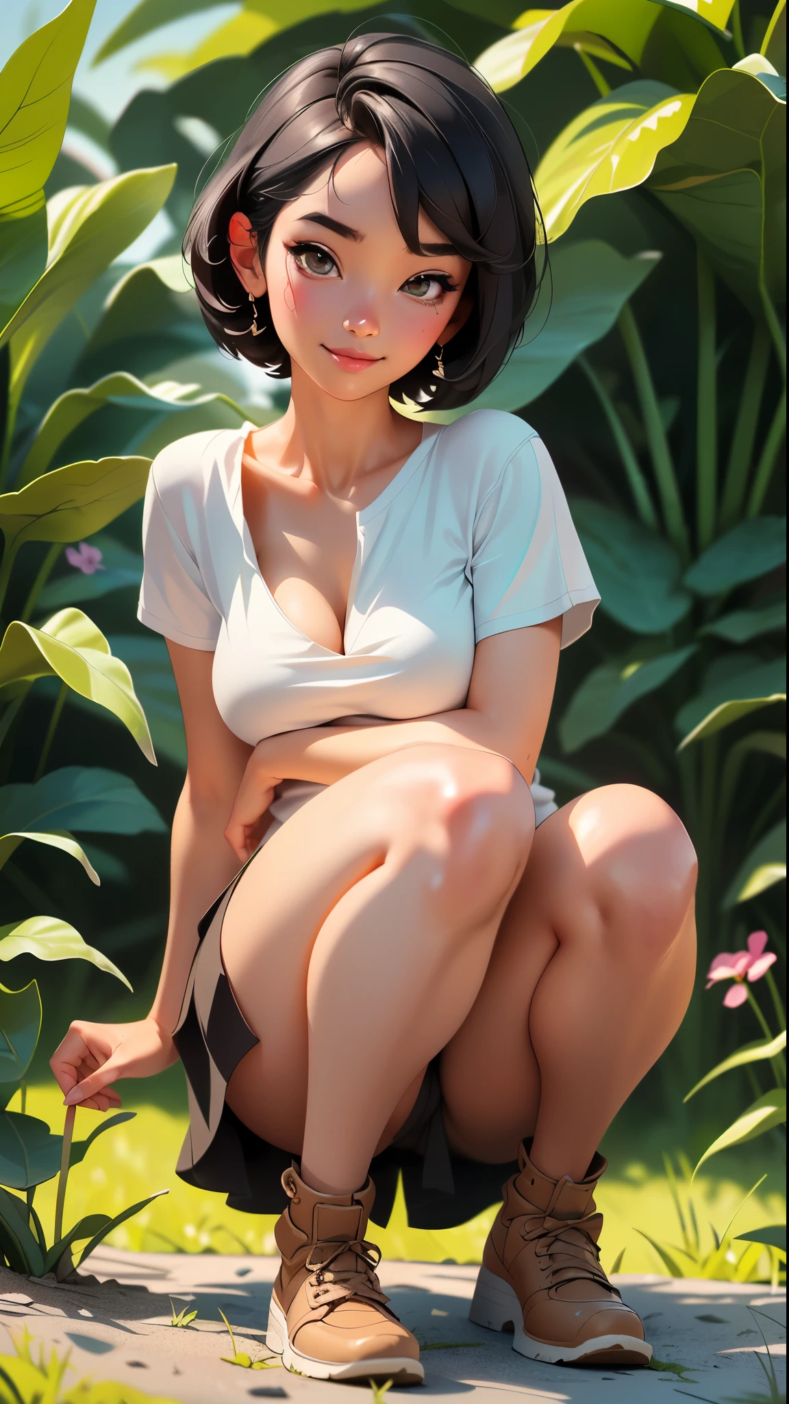(Best quality, 8k, 32k, Masterpiece, UHD:1.2),Photo of Pretty Japanese woman,black short hair,beauty face,(leaning forward:1.3),squatting,(from above:1.2),(close up:1.4),pov,,looking at another,smile, loose t-shirt,large breasts,beautiful nipple slip,outdoors,windy,shiny skin,blurry background