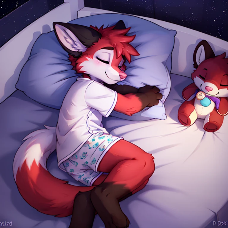 Anthropomorphic male crimson fox, with purple eyes, pink nose, black horns, black sholders, white hands, sleeping on bed, seen from above, wearing a light blue pijama and a pacifier, side view, digital art, solo, fullbody view, at night, hugging a plushie, eyes closed