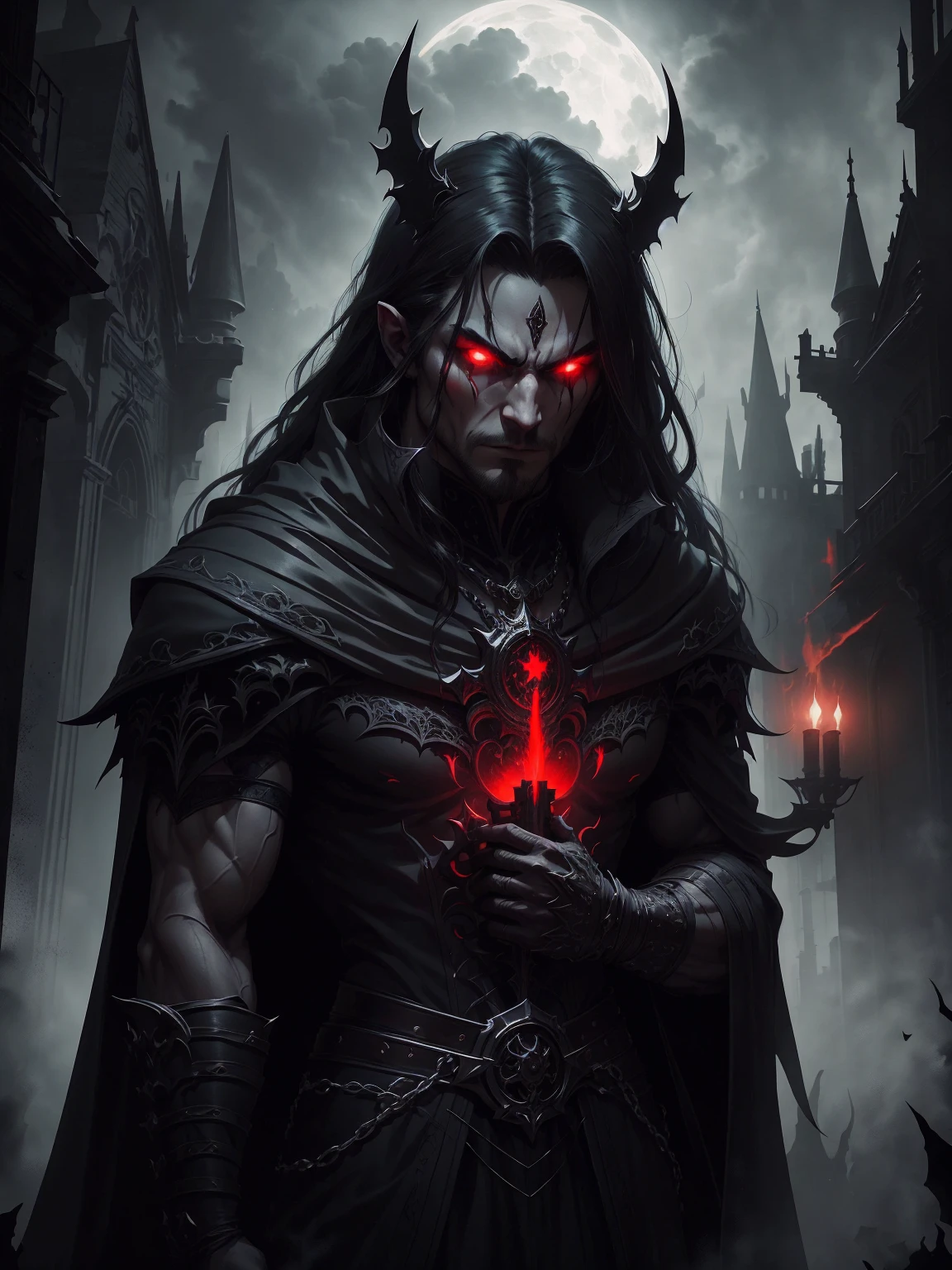 a dark muscular male evil lord, long flowing black hair, black and red cloak, piercing red eyes, menacing expression, powerful aura, standing in a dimly lit chamber,, casting eerie shadows, , adorned with intricate details, with a sinister grin, exuding an aura of darkness, with an intimidating presence, in a gothic castle, with imposing architecture, shrouded in mist, under a blood-red moon, with a storm brewing in the background, creating a foreboding atmosphere, reminiscent of a dark fantasy novel cover, with a dramatic lighting, emphasizing the contrast between light and shadow, evoking a sense of mystery and danger, with a touch of supernatural elements and captivating artistry." no horns