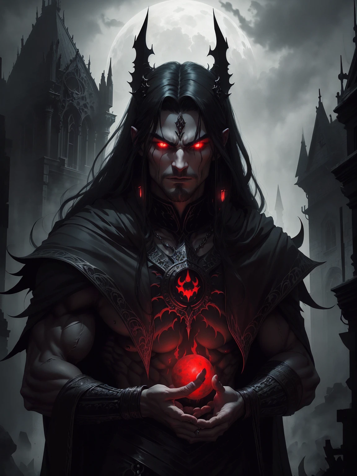 a dark muscular male evil lord, long flowing black hair, black and red cloak, piercing red eyes, menacing expression, powerful aura, standing in a dimly lit chamber,, casting eerie shadows, , adorned with intricate details, with a sinister grin, exuding an aura of darkness, with an intimidating presence, in a gothic castle, with imposing architecture, shrouded in mist, under a blood-red moon, with a storm brewing in the background, creating a foreboding atmosphere, reminiscent of a dark fantasy novel cover, with a dramatic lighting, emphasizing the contrast between light and shadow, evoking a sense of mystery and danger, with a touch of supernatural elements and captivating artistry." no horns