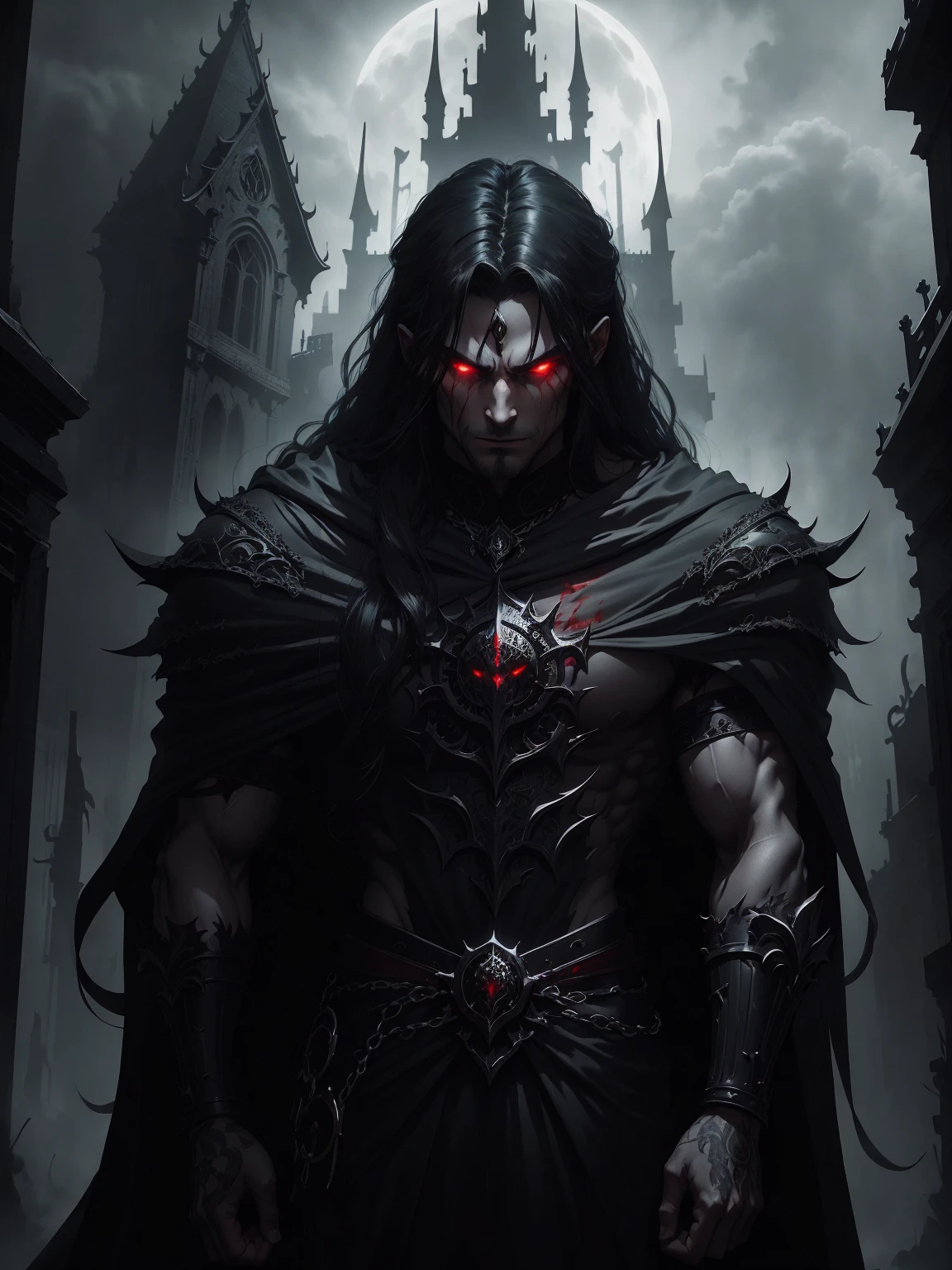 a dark muscular male evil lord, long flowing black hair, black and red cloak, piercing red eyes, menacing expression, powerful aura, standing in a dimly lit chamber,, casting eerie shadows, , adorned with intricate details, with a sinister grin, exuding an aura of darkness, with an intimidating presence, in a gothic castle, with imposing architecture, shrouded in mist, under a blood-red moon, with a storm brewing in the background, creating a foreboding atmosphere, reminiscent of a dark fantasy novel cover, with a dramatic lighting, emphasizing the contrast between light and shadow, evoking a sense of mystery and danger, with a touch of supernatural elements and captivating artistry." no horns