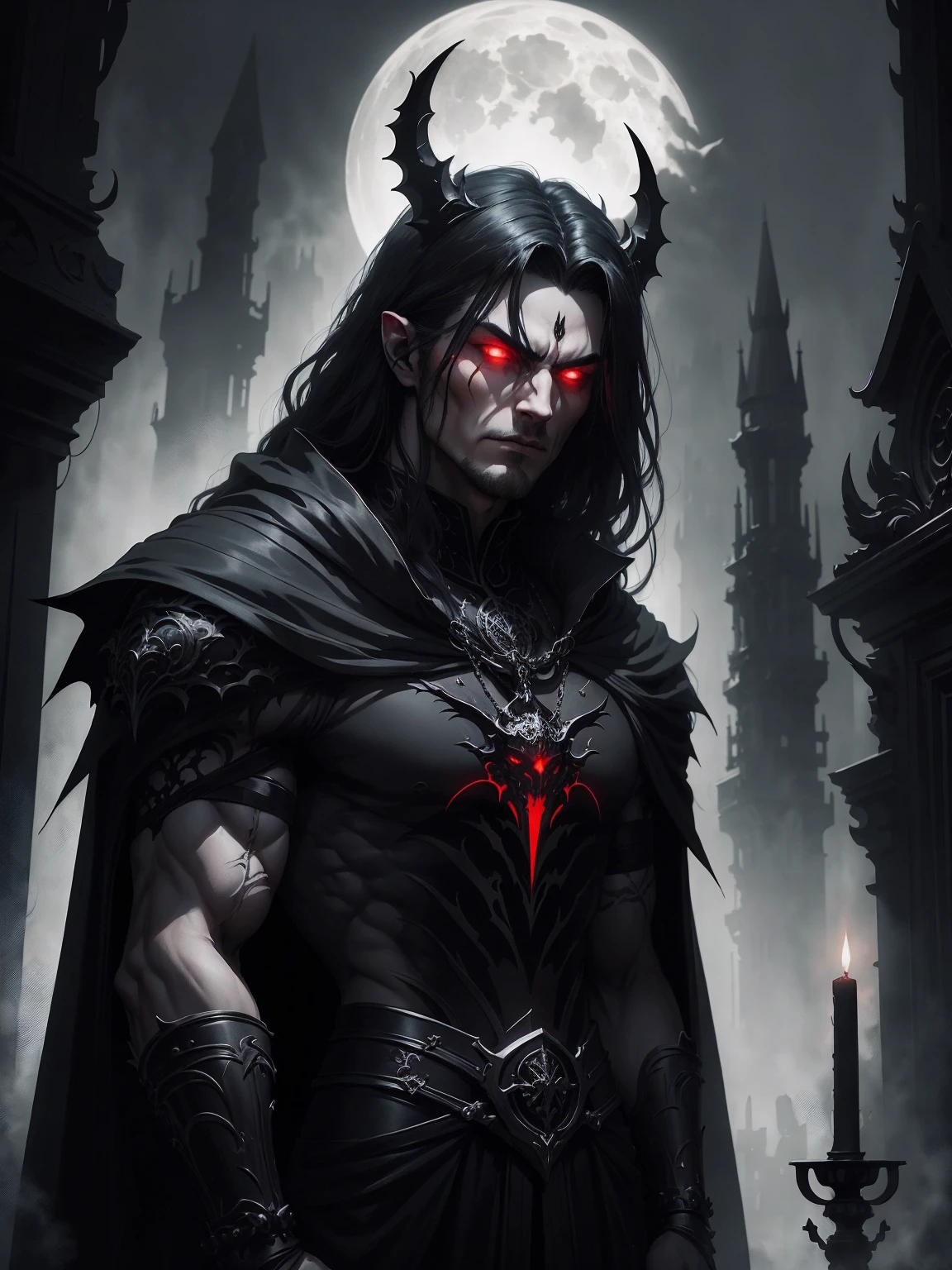 a dark muscular male evil lord, long flowing black hair, black and red cloak, piercing red eyes, menacing expression, powerful aura, standing in a dimly lit chamber,, casting eerie shadows, , adorned with intricate details, with a sinister grin, exuding an aura of darkness, with an intimidating presence, in a gothic castle, with imposing architecture, shrouded in mist, under a blood-red moon, with a storm brewing in the background, creating a foreboding atmosphere, reminiscent of a dark fantasy novel cover, with a dramatic lighting, emphasizing the contrast between light and shadow, evoking a sense of mystery and danger, with a touch of supernatural elements and captivating artistry." no horns