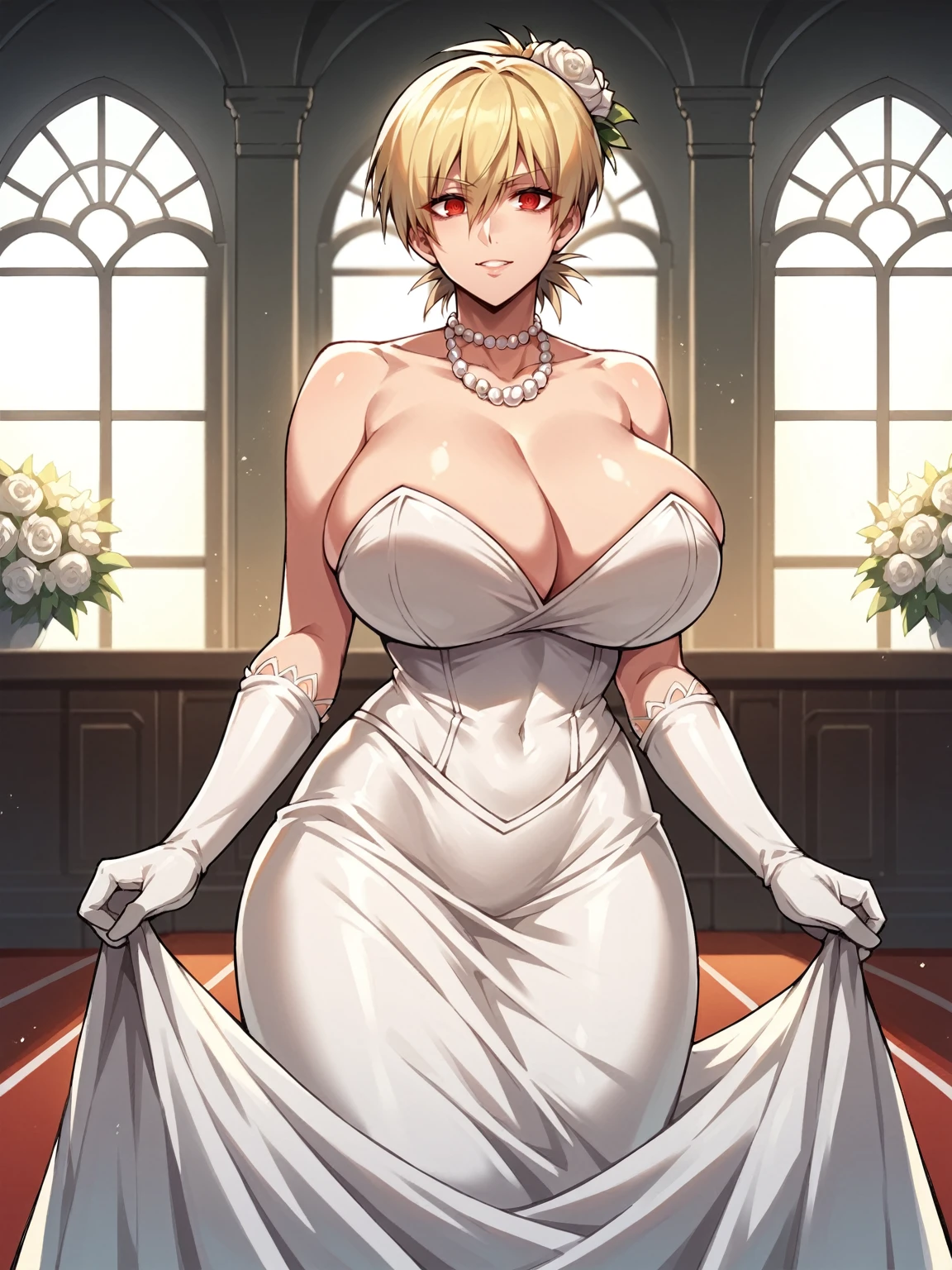 score_9, score_8_up, score_7_up, 1girl, looking at viewer, wedding gown, standing wedding, indoors, hellsing, blonde, red eyes, huge breasts, rating:safe, sfw