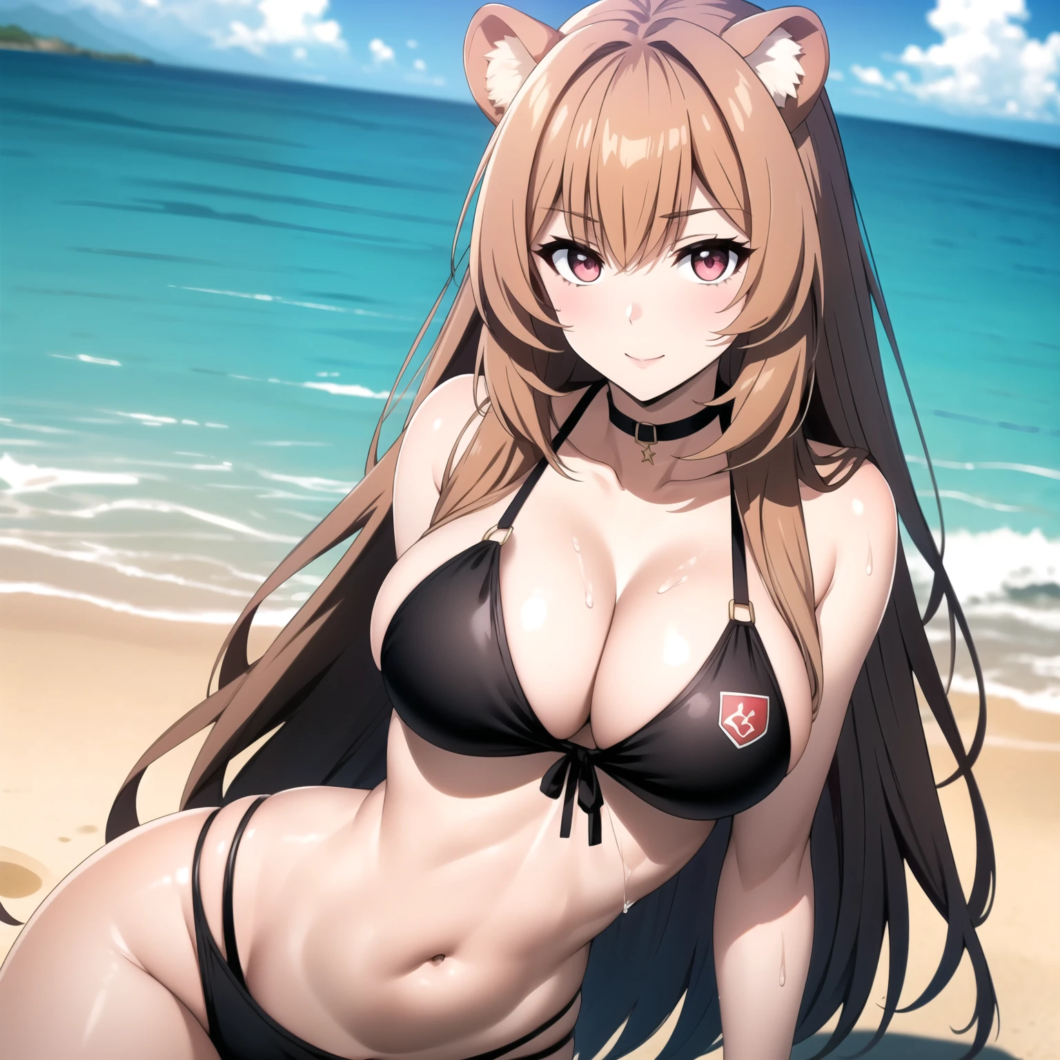 Raphtalia woman 24 years old blonde hair with pink tips, orejas de oso, ojos rojos, piel morena, piel bronceada. piel grasa, pechos grandes , bikini rosado, accesorios, sonrisa, fondo una playa, cuerpo completo. manos perfectas.  gotas de agua en su pecho, pose provocativa. BRASOS CRUZADOS bajo sus pechos. brazos cruzados, brazos cruzados, esta cruzada de brazos.