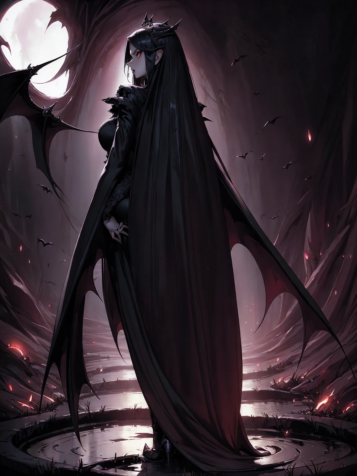 absurdres, ((stunning female Vampire))), goth Renaissance, (long black hair:1.erfect and detailed angular sharp oval shaped face, ((redeyes)), jewelry, red and black tetradic colors, full lips, gothic castle background, (solo), perfect anatomy, approaching perfection, ethereal, intricate details, ultra-high definition, 12k resolution, goth aesthetic, smooth, sharp focus, dreamy, glowing, backlit, glamour, glimmer, fantastical, shadows, smooth, Gothic crown, walking on the ground, backwards, looking back