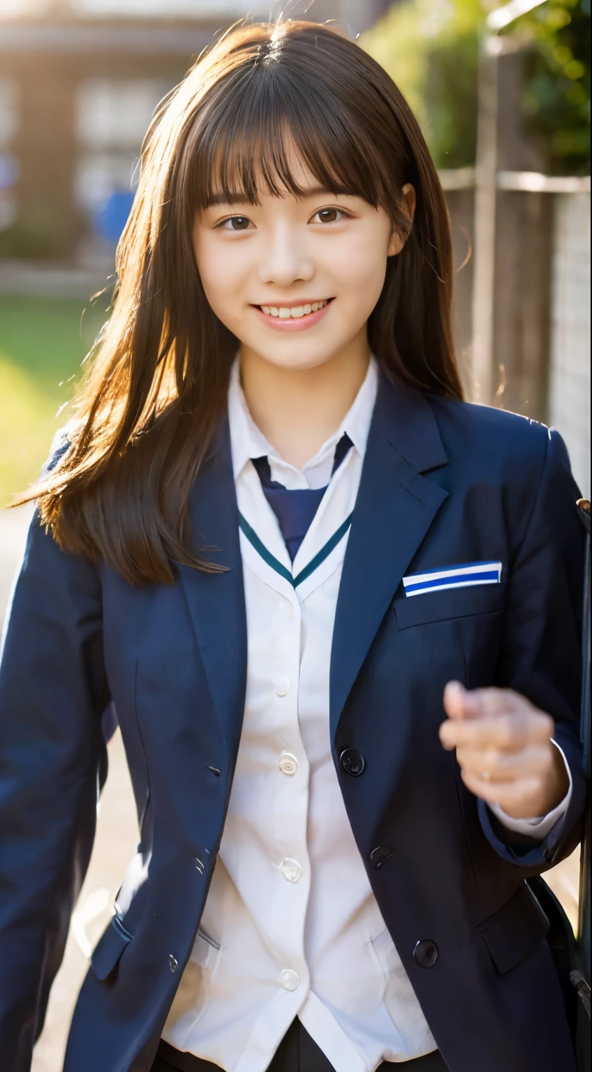 (highest quality,8K quality,masterpiece:1.3),(Ultra-high resolution,Photorealistic:1.4,RAW Photos),(Very detailed,Caustics,Detailed Background),(Ultra-Realistic Capture,Beautiful and detailed skin,Perfect Anatomy),high school student、At dusk,Sunset sky,School building,Schoolyard,18-year-old,cute,single eyelid,School Blazer Uniform,Looking at the camera,Laughter,Bust up shot,Natural soft light