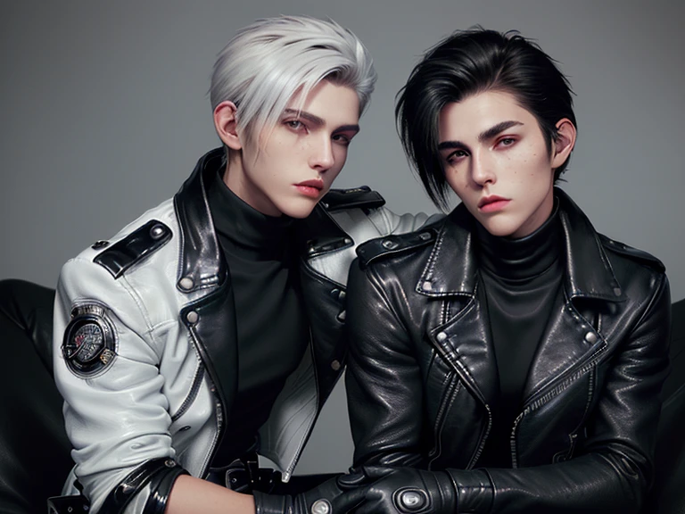 Final Fantasy-style graphics, young, Cute and cool two Japanese boys,borth Thin eyebrows and big eyes,   both wearing a shiny white single-breasted leather jacket.......。Biker style leather jacket、 with epaulettes,  The jacket is zipped up, The jacket pockets are black., The jacket has a high stand-up collar with a belt, Also wearing a black turtleneck, Black Leather Pants, Thin black leather gloves on both hands, Black leather knee-high lace-up boots, Show me your ((whole body)) from head to toe, Final Fantasy Style、((good looking))、((Age: 20 years old))、((good looking))、((Clear eyes and nose))、((Shiny white color single leather jacket))、((The jacket must be white color.))、((The jacket has epaulettes))、((Jacket has a high stand-up collar and belt))、((The jacket has a black pocket))、((Black turtleneck shirt))、((Black Leather Pants))、((Always wear shiny black leather gloves on both hands))、((Cover all fingers on both hands with gloves))、((Black lace-up leather long boots))、((View full-body images from a distance))、Realistic image quality and texture、In a small cell、((close the eyes))、A kind smile、((The front of the jacket is closed with a zipper))、((No skin below the neck))、((round face)、((Short Hairstyleedium build))、((Upright posture))、((don't sit))、((borh sleeping with bed))、((he handcuffed both hands))