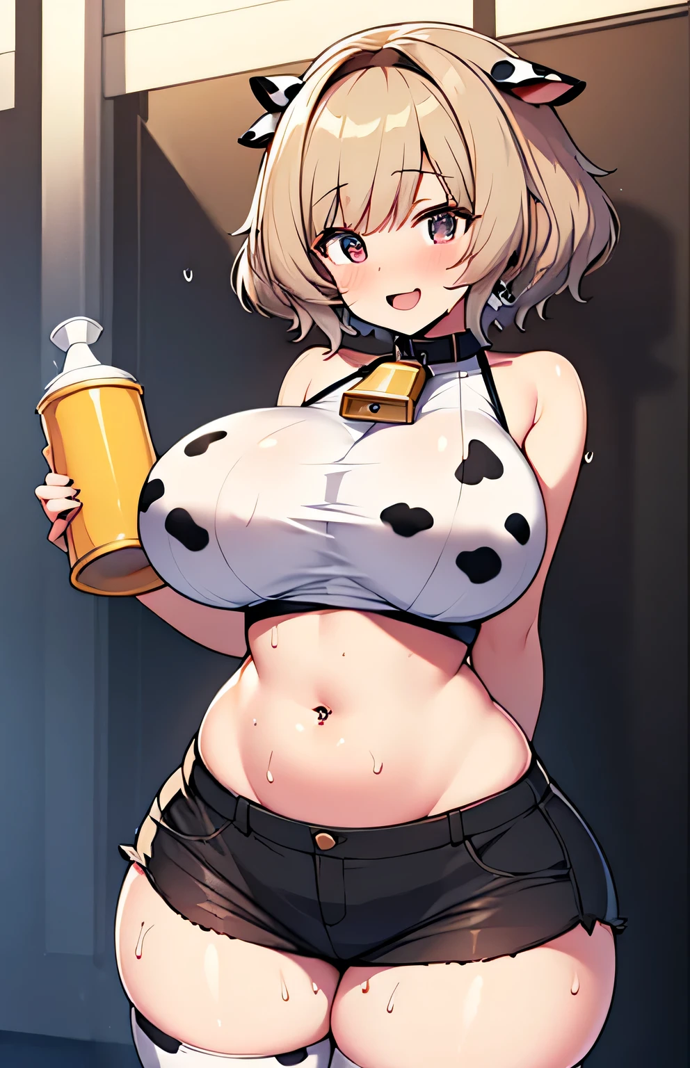Anime illustration、highest quality、Short high school girl、Cowbell collar、Belly button piercing、Holstein daughter、Cow print tube top、Cow print knee socks、Perfect proportions、vast ranch、Pasture、Cowshed、Clear skies、overwhelmingly big breasts、Beautiful, shining eyes、Cowboy Shot、smile、Excessive sweating、Noise Reduction
