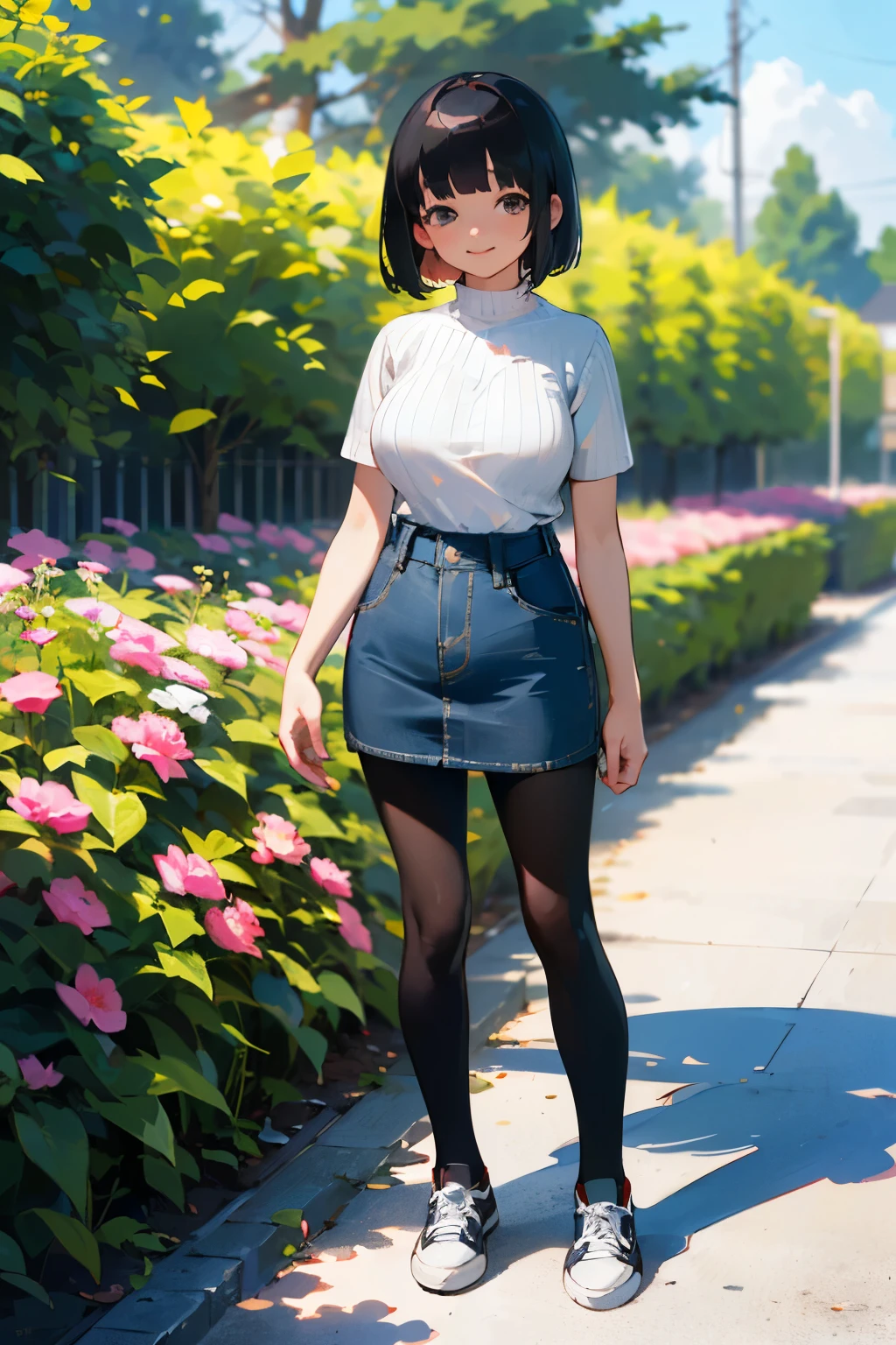 (high quality, High resolution, Very detailed, reality:1.37), Peaceful atmosphere, (Outdoor, garden), girl standing alone, (my breasts are big.), Beautiful details, Cute Smile, (Black bob hair), Short sleeve ribbed sweater, Denim skirt, Black tights, sneakers.