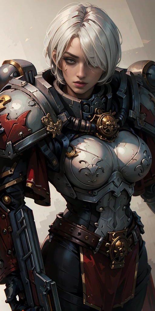 (masterpiece:1.2) (best quality:1.2) (plain background:1.2) (pinched eyes:1.2) perfect eyes, perfect face, perfect lighting, 1girl, mature whsororitas with a laser rifle in her hands, scar over one eye, eyepatch, red tabard, white short bob hair cut, Warhammer 40k, female wearing power armor