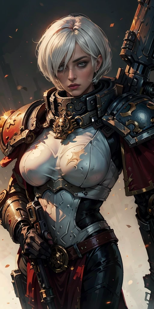 (masterpiece:1.2) (best quality:1.2) (plain background:1.2) (pinched eyes:1.2) perfect eyes, perfect face, perfect lighting, 1girl, mature whsororitas with a laser rifle in her hands, scar over one eye, eyepatch, red tabard, white short bob hair cut, Warhammer 40k, female wearing power armor