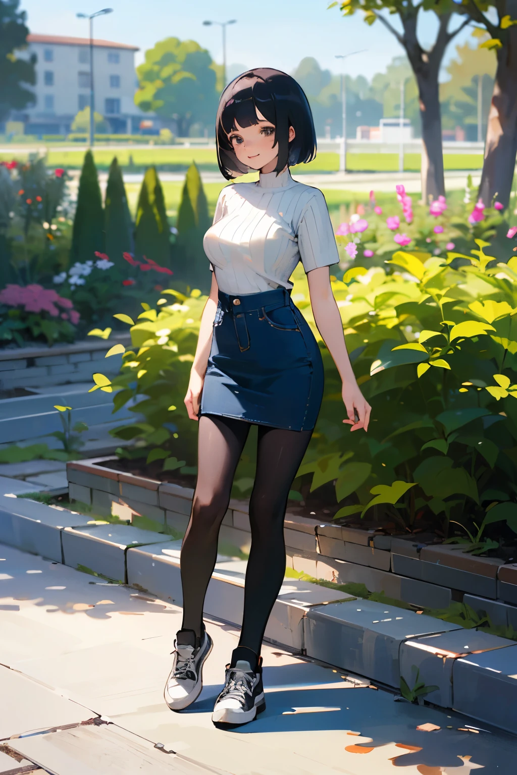 (high quality, High resolution, Very detailed, reality:1.37), Peaceful atmosphere, (Outdoor, garden), Teenage girl standing alone, (my breasts are big.), Beautiful details, Cute Smile, (Black bob hair), Short sleeve ribbed sweater, Denim skirt, Black tights, sneakers.