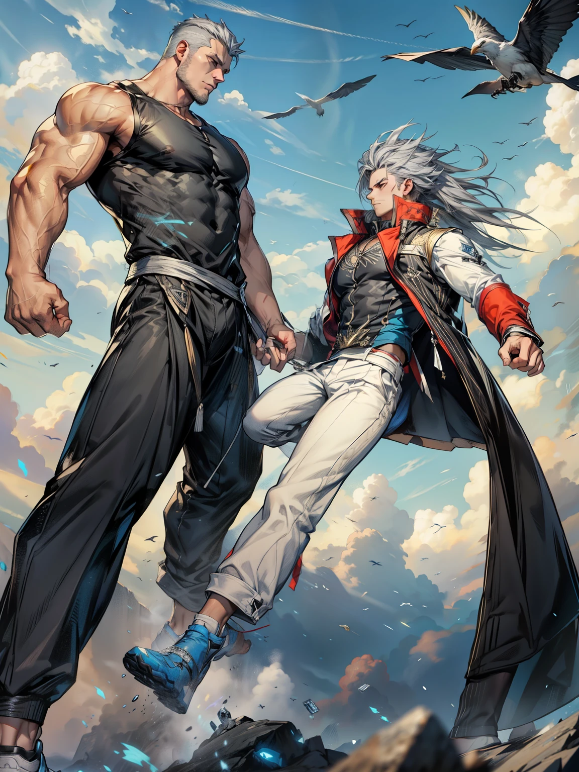 boys 26 Years old, Serious face, wearing white sleeveless shirt, black pants, gray hair, levitate on sky, blue sky, cloud