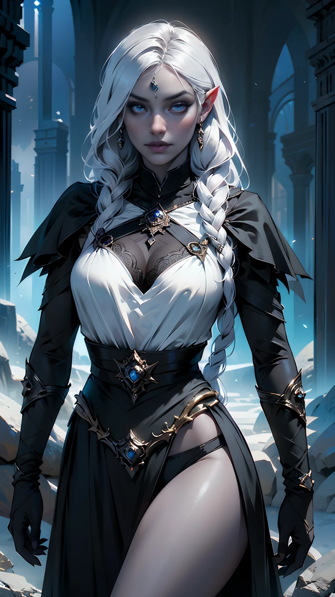 1 chica, drow sexy, elfa de grandes pechos piel morena, long elaborate pale silver braids, ((ojos rojos)), joyas, Orejas de elfo, pendientes, ((vestido sexy de hechicera blanca)), ((wield the cane)), ((lanzar magia de luz)), en un techo de rascacielos, athletic, volumetric lighting, mejor calidad, Obra maestra, realista, anatomically correct, (Strong cinematic lighting), detalles impresionantes, detalles intrincados, 8k post-production, high resolution, super details, tendencia en artstation, Sharp focus, profundidad de campo f/1.8, studio photos, (((Looking to the camera))), ,(Fondo de ruinas de mazmorra en ruinas:1.4 ), (Detalles de la cara: 1.5) ,( ojos brillantes, hermoso rostro, ojos bonitos, Iris lining) ,( labios delgados: 1.5) , delgado, pale and sharp eyebrows, Largo, dark eyelashes, double eyelashes),(Obra maestra: 1.4), (8k, realista, foto cruda, La mejor calidad: 1.4),(dedos perfectas: 1.4) , (vista trasera, vista trasera),(solo) , (no mutaciones),( dynamic pose),( mostrando panties white :1.4 )