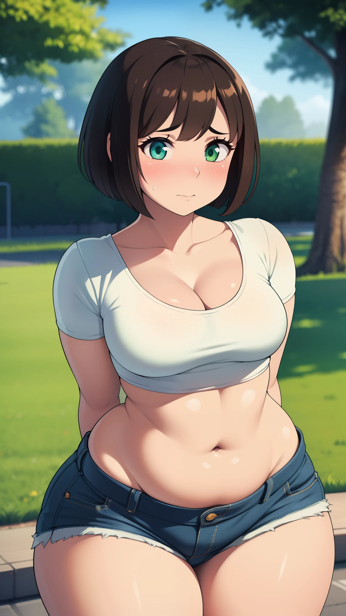 ((highres)), Masterpiece, high quality, best quality, beautiful, perfect lighting, detailed face, ultra cute face, cowboy shot, ((1girl)), ((solo)),

Short hair, fluffy hair, brown hair, green eyes, ((blush)), nervous, shy, looking at viewer, arms behind back, crop top, shorts, ((thick thighs)), (wide hips), chubby, bottom heavy, cleavage, (small breasts), 

20 year old female, standing in a park, (park), daytime,
