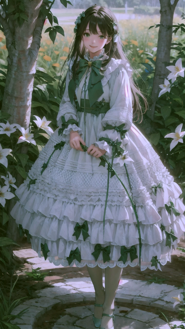 best quality, masterpiece, realistic, photorealistic, 1girl, solo, looking at viewer, light smile, full body, standing, long hair, black hair, bangs, green dress, cyb dress, frilled dress, layered dress, frills, bow, ribbon, long sleeves, white pantyhose, high heels, in garden, flower, tree, 