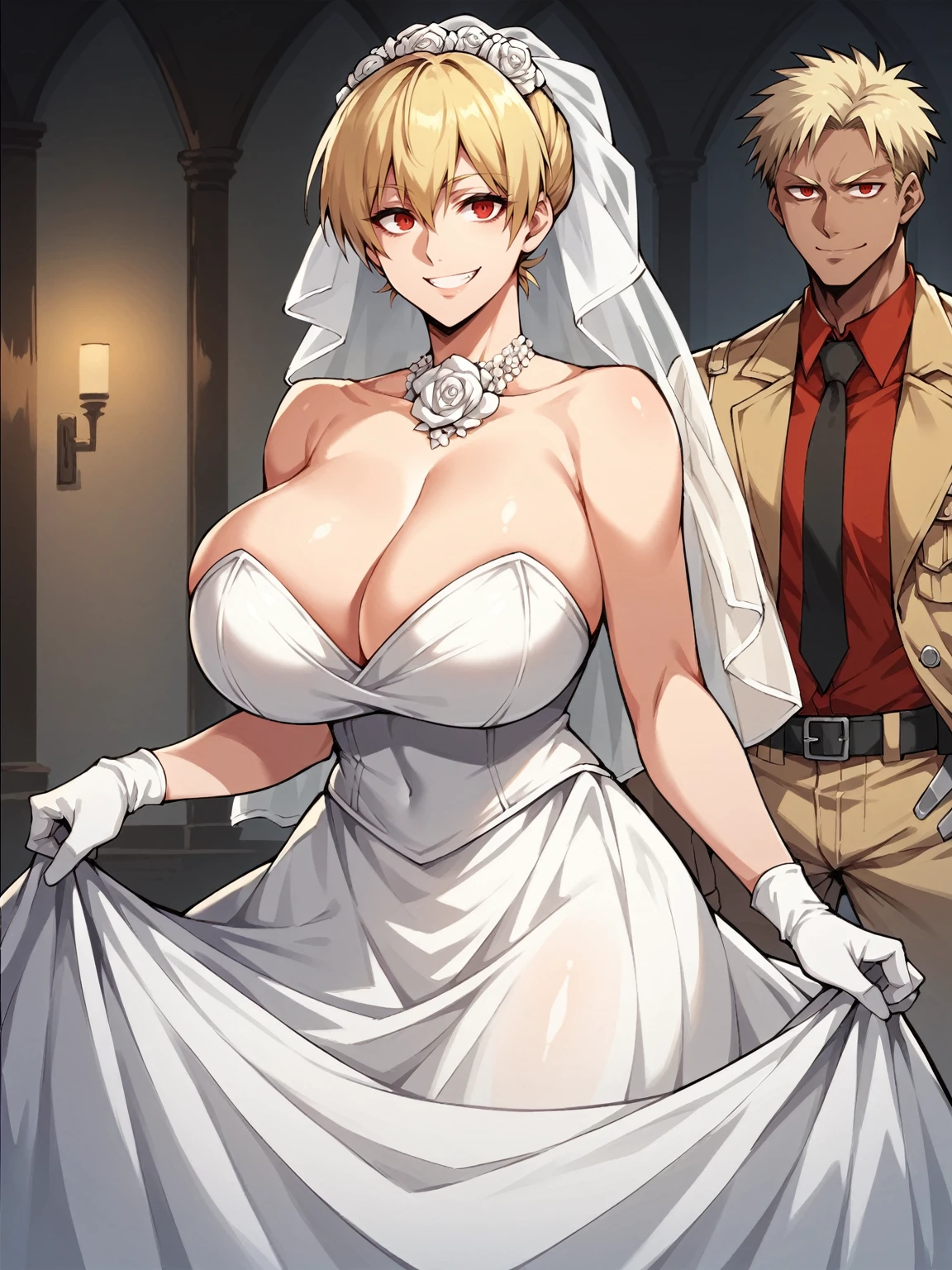 score_9, score_8_up, score_7_up, 1girl, looking at viewer, wedding gown, standing wedding, indoors, hellsing, blonde, red eyes, huge breasts, rating:safe, sfw, closeup, smile, wife, 1boy, dark skinned male