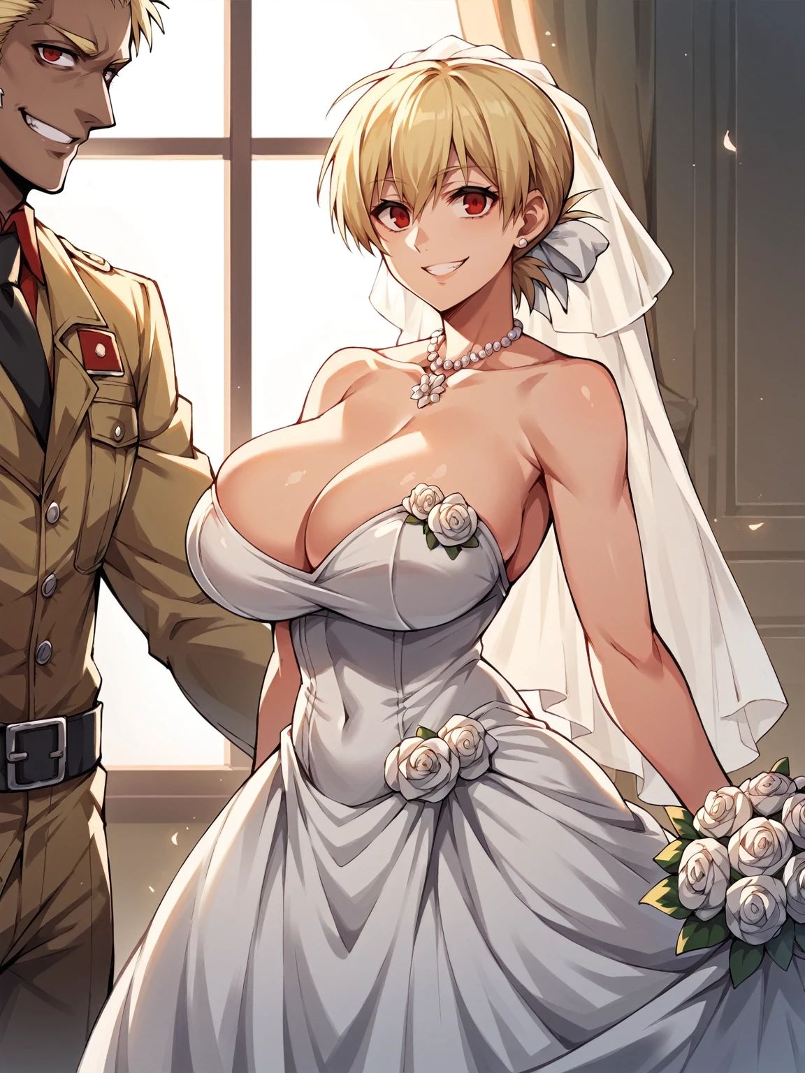 score_9, score_8_up, score_7_up, 1girl, looking at viewer, wedding gown, standing wedding, indoors, hellsing, blonde, red eyes, huge breasts, rating:safe, sfw, closeup, smile, wife, 1boy, dark skinned male