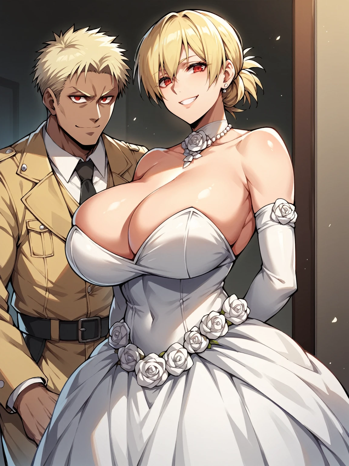 score_9, score_8_up, score_7_up, 1girl, looking at viewer, wedding gown, standing wedding, indoors, hellsing, blonde, red eyes, huge breasts, rating:safe, sfw, closeup, smile, wife, 1boy, dark skinned male