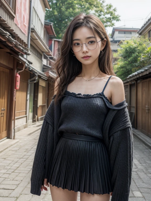 masterpiece、8K、32K、top-quality、(A detailed eye)、(A cute Japanese woman)、23years old、(2 girls in:1.4)、elegent、(Detailed background depiction), BREAK (pastel color camisole:1.2), BREAK (miniskirt:1.3)、Japan alley、is standing、Sunlight、during daytime、(smile:1.2)、(cowboy shot),(braless:1.4),(slender body:1.5),(Black mideum wavy pixie hair over one eye:1.3),cleavage,Glasses
