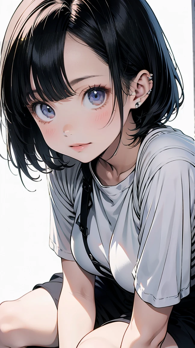 (((masterpiece, Highest quality, Ultra-high resolution, 1 Girl, alone, No background))), Very elaborate skin、face、eye、refer to, Beautiful Japanese Women, Small breasts:1.5, skinny, Light brown hair, White Background, Very short curly pixie hair, (Illustration of a girl), Hit the knee, Generate with illustrations, various expressions, Various poses, Please draw the whole character within the frame., If the head is, arms, The leg is not amputated. The background should be simple, The text is centered, overview, anime, hoodie, smile, boyish,