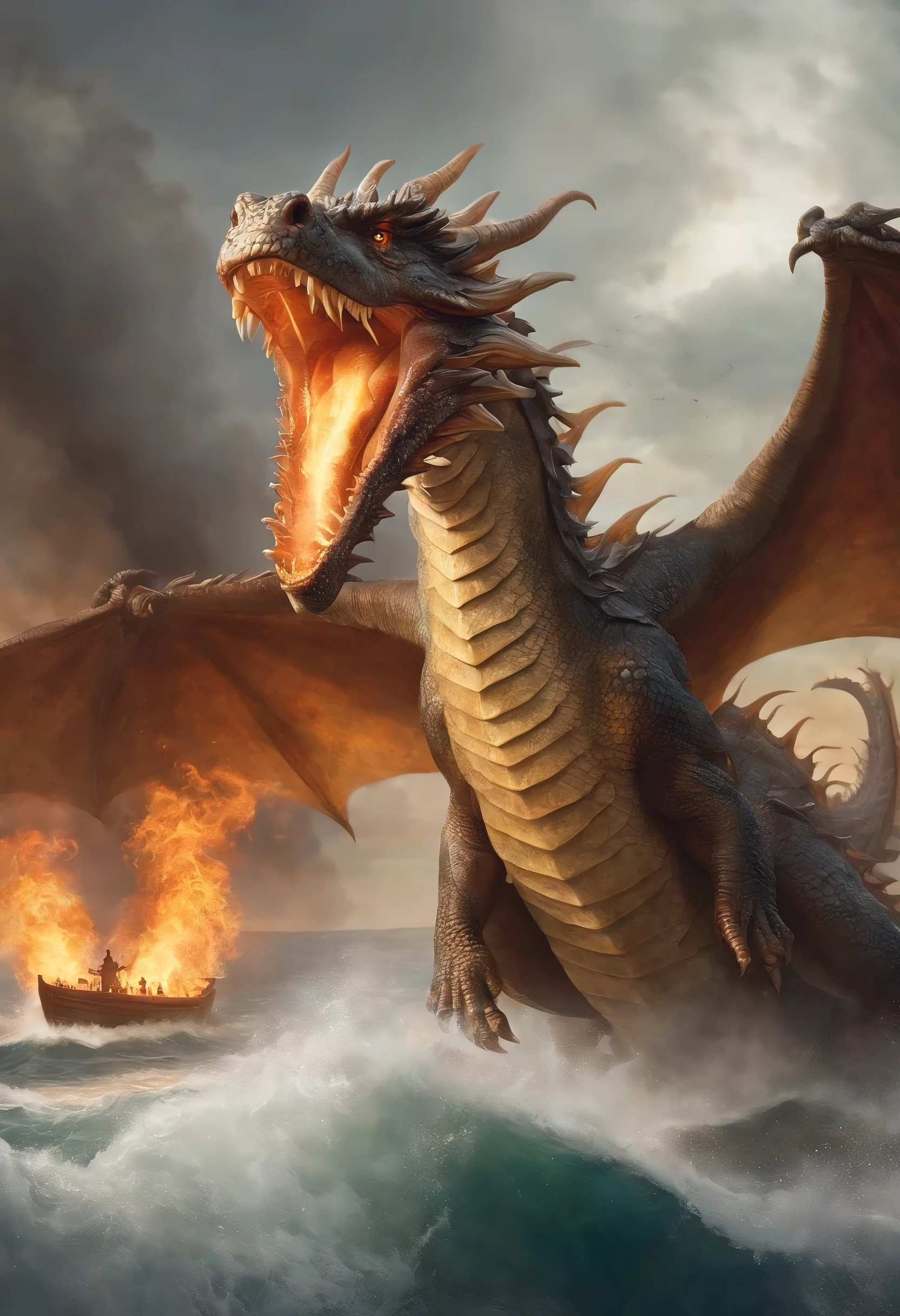 Realism, Painting, Fantastic fairy tale, Christmas style, John Tolkien style, Small painting by Jean-Baptiste Monge, ,dragon flies over a boat in the ocean, epic dragon, hyperrealistic art in the genre of d & fantasy, epic fantasy, digital art, epic fantasy origin, Sea snake, "dragon breathes fire", "dragon breathes fire", "fiery flaming dragon snake", art style by Mark Simonetti, "breakthrough into the lair of dragons", epic fantasy illustration, dragon spewing fire higher and higher, anthropomorphic --ar 2:3 --testp -optimistic; Straight hair
