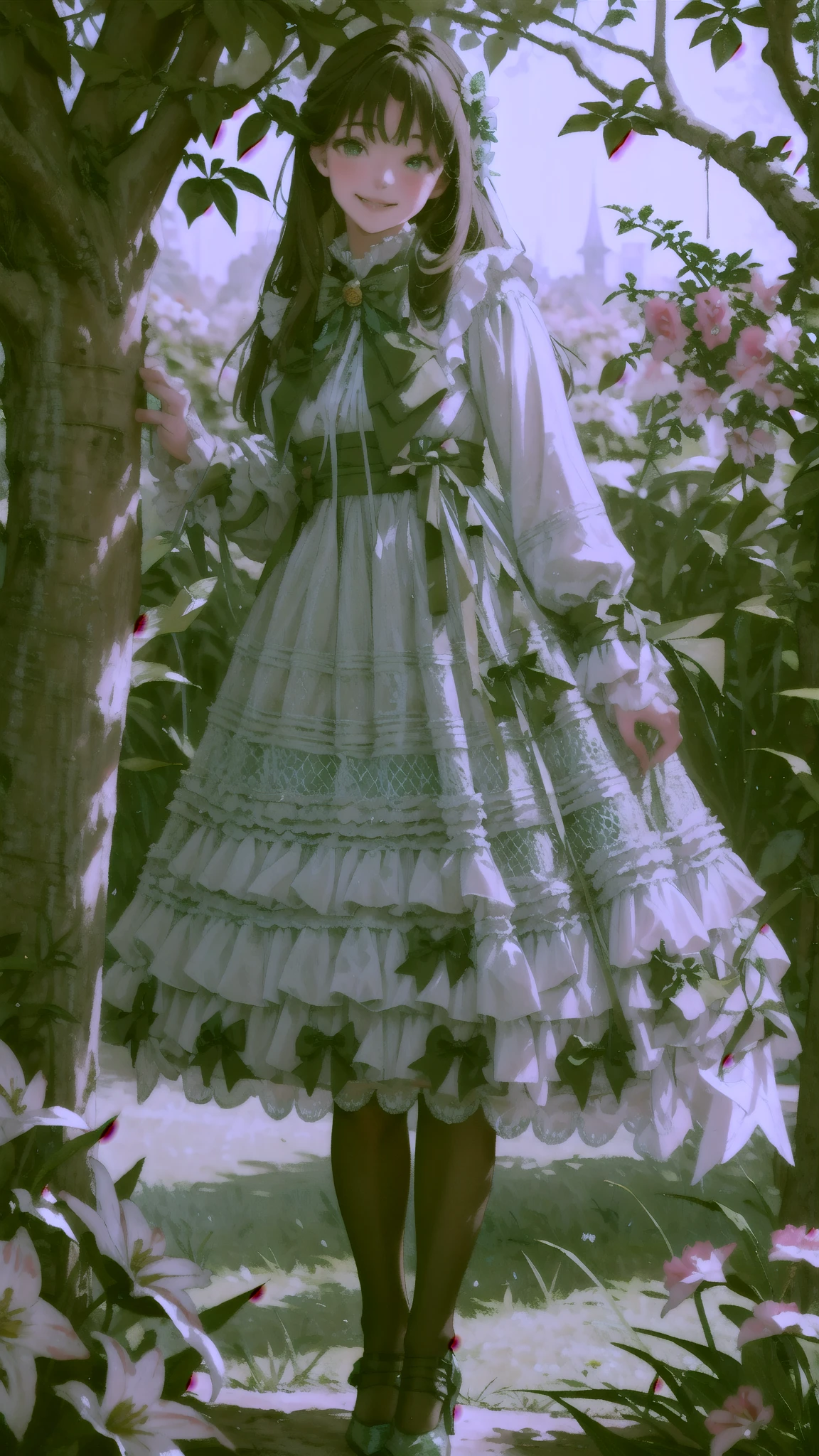best quality, masterpiece, realistic, photorealistic, 1girl, solo, looking at viewer, light smile, full body, standing, long hair, black hair, bangs, green dress, cyb dress, frilled dress, layered dress, frills, bow, ribbon, long sleeves, white pantyhose, high heels, in garden, flower, tree, 