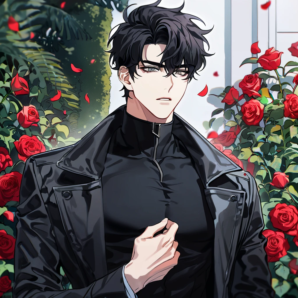 absurdres, highres, ultra detailed, HDR, master piece, best quality, Yoo Joonghyuk, black hair, expressive grey eyes, omniscient reader's viewpoint, black coat, black tight shirt, solo, sexy man, handsome, red roses, red petals, garden